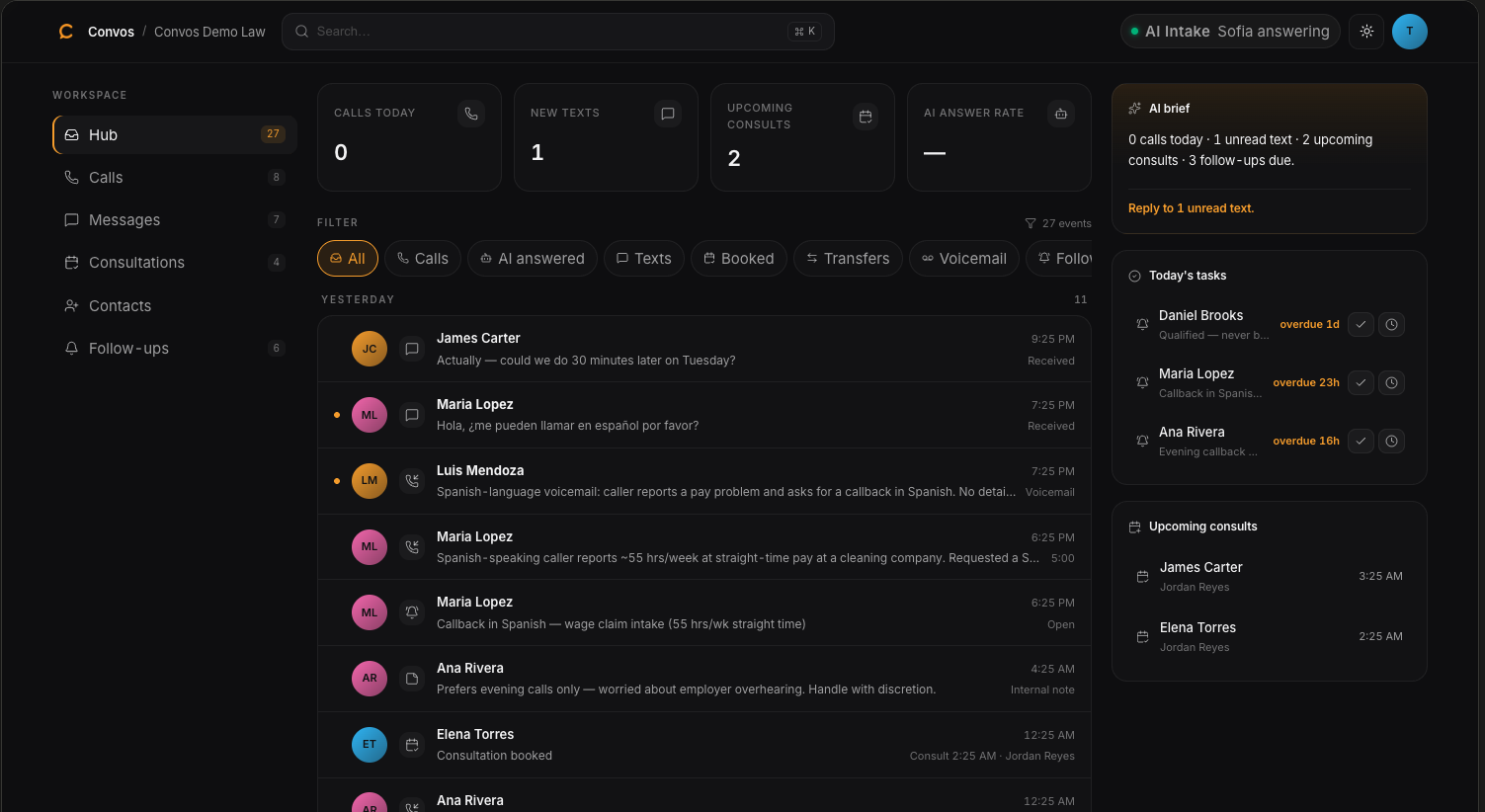 Convos Central Hub — unified inbox with calls, texts, bookings, and follow-ups