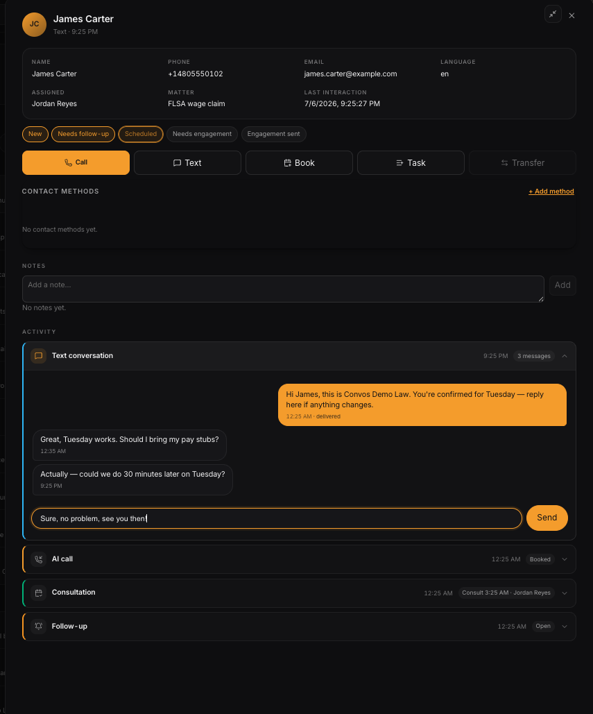 WorkCenter for contact profile, notes, follow-ups, and lead status