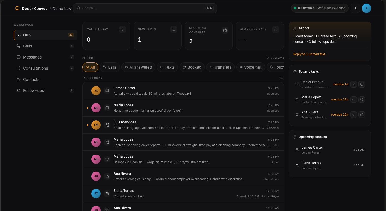 Deepr Convos Hub showing unified feed of calls, texts, and bookings for a demo law firm